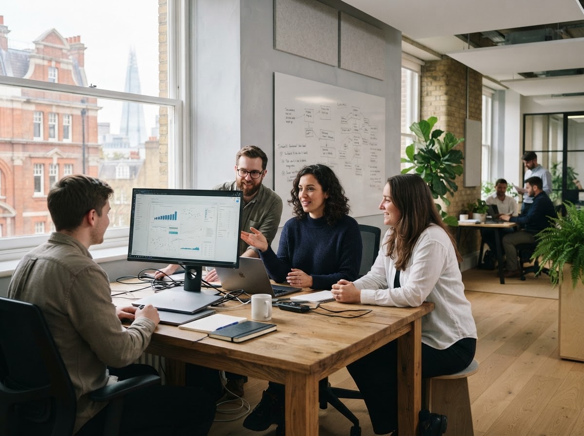 Nevraqlyn team reviewing AI-generated financial data analysis